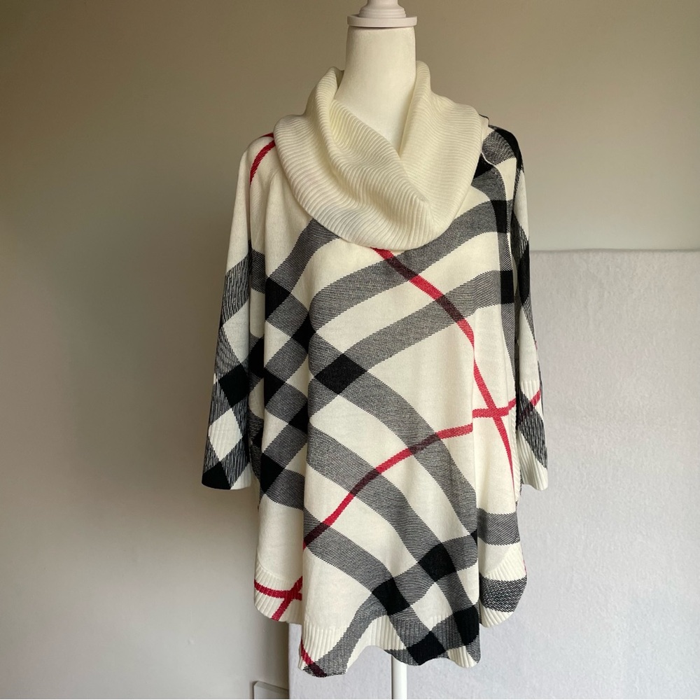 Cowl Neck Sweater in Cream, Black, and Red with High-low Hem, size L, NWOT - Picture 1 of 7
